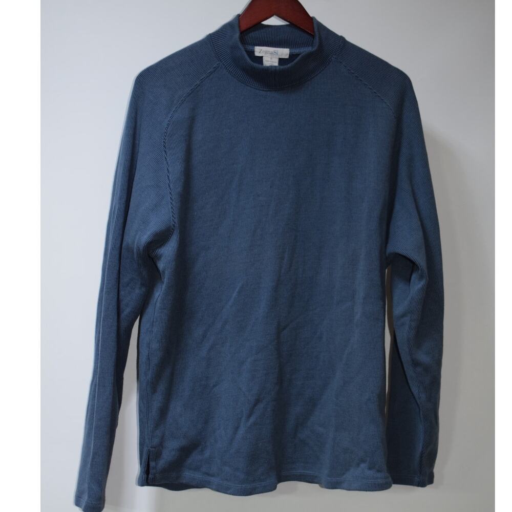 Zegna Sport Blue Ribbed Mock Neck Long Sleeve Sweater Size M
